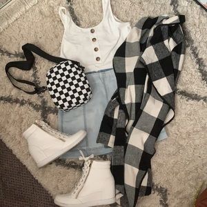 Light denim stitched mini skirt & buffalo plaid cardigan